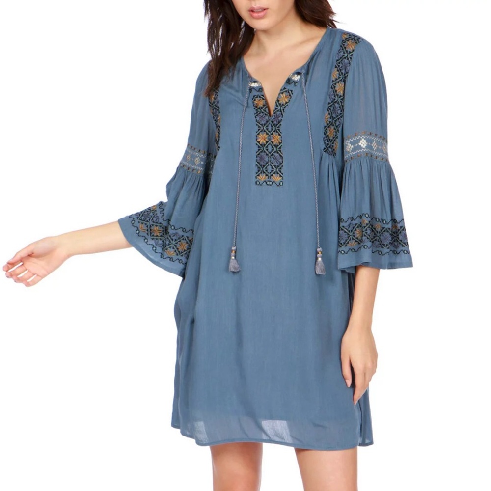Lucky Brand Blue Long Sleeve Dress with Embroidery